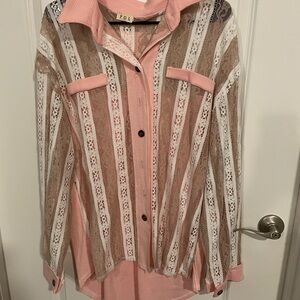 Pink and White Lace Button-Up Shirt POL